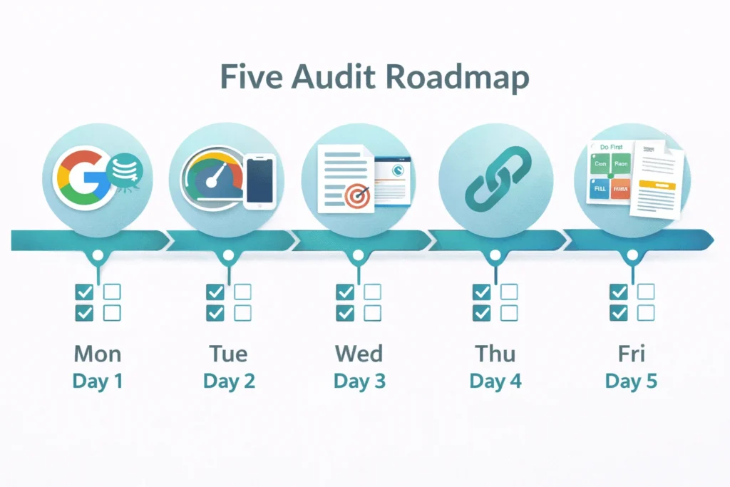 Five-day SEO audit roadmap: indexing, technical, content, backlinks, prioritization