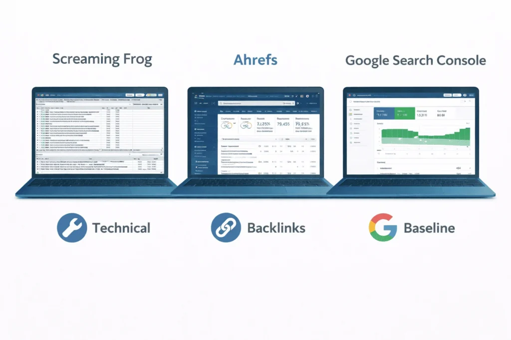 Three SEO audit tools: Screaming Frog technical crawl, Ahrefs backlinks, Google Search Console indexing