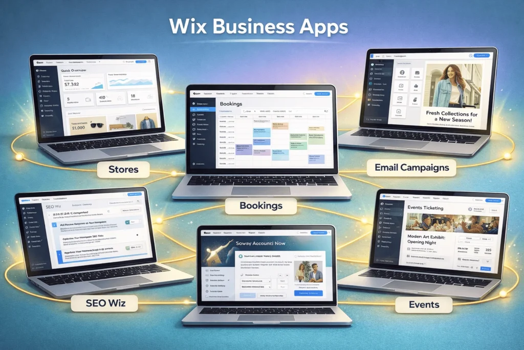 Five laptop screens displaying Wix Stores, Bookings, Email Marketing, Events, and SEO dashboard interfaces