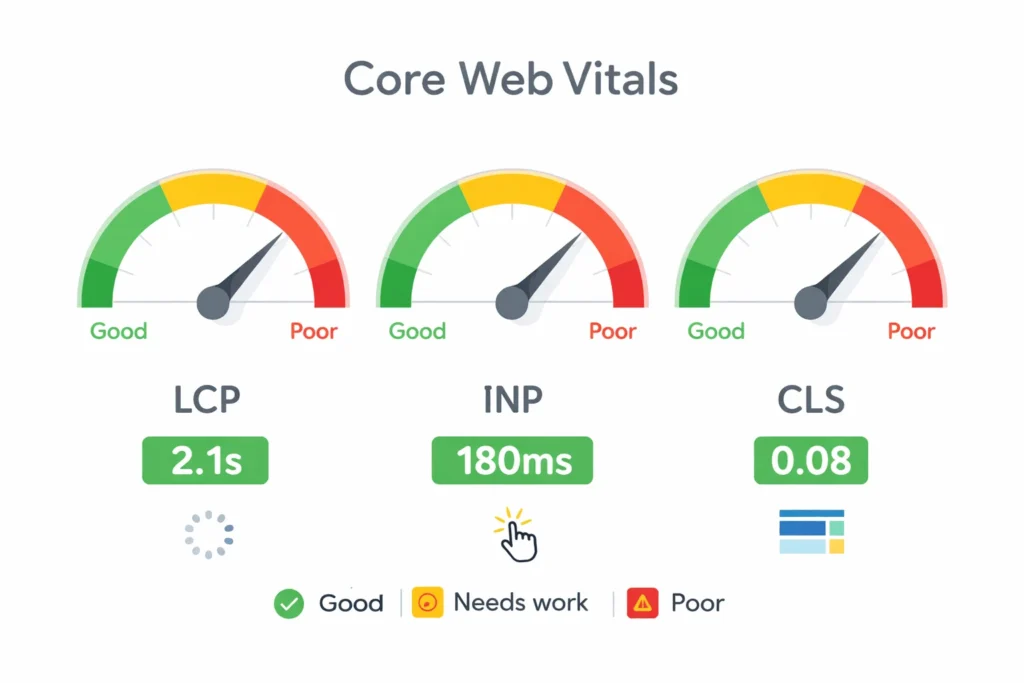Core Web Vitals dashboard showing LCP, INP, CLS metrics all in good green range