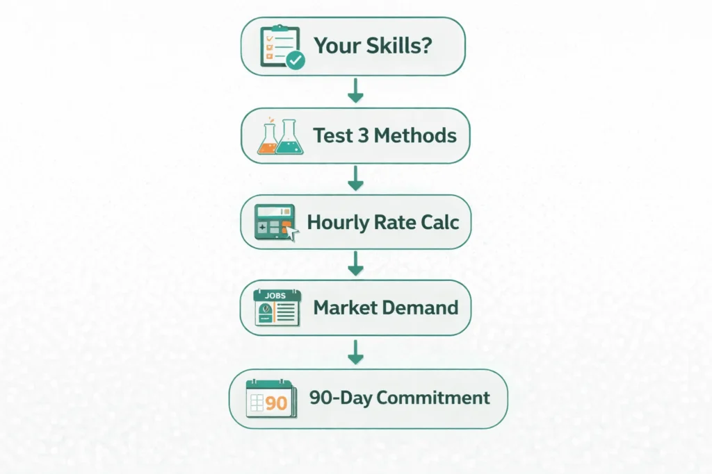 Five-step flowchart helping beginners choose optimal first online income method