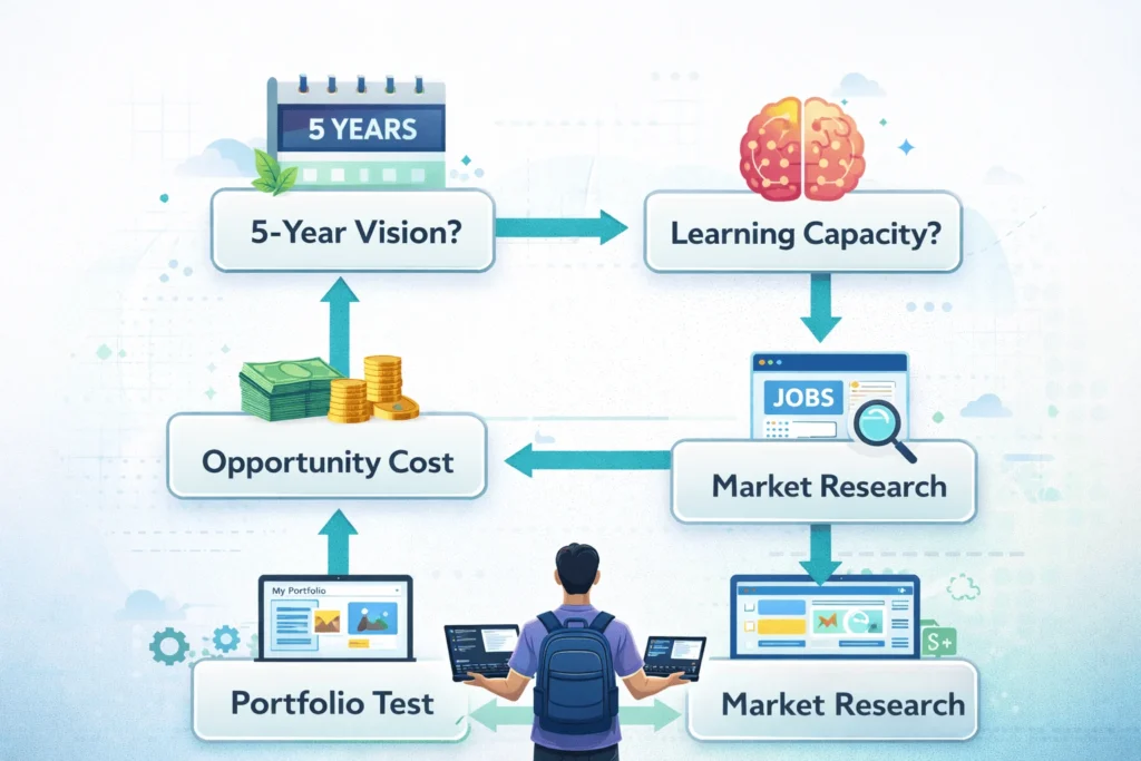 Five-step decision framework flowchart choosing between coding and website builders career