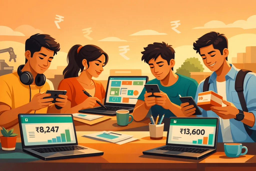 Indian students earning money online through freelancing, content creation, and surveys using smartphones