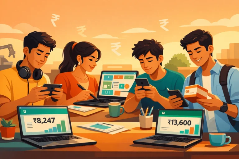 Indian students earning money online through freelancing, content creation, and surveys using smartphones