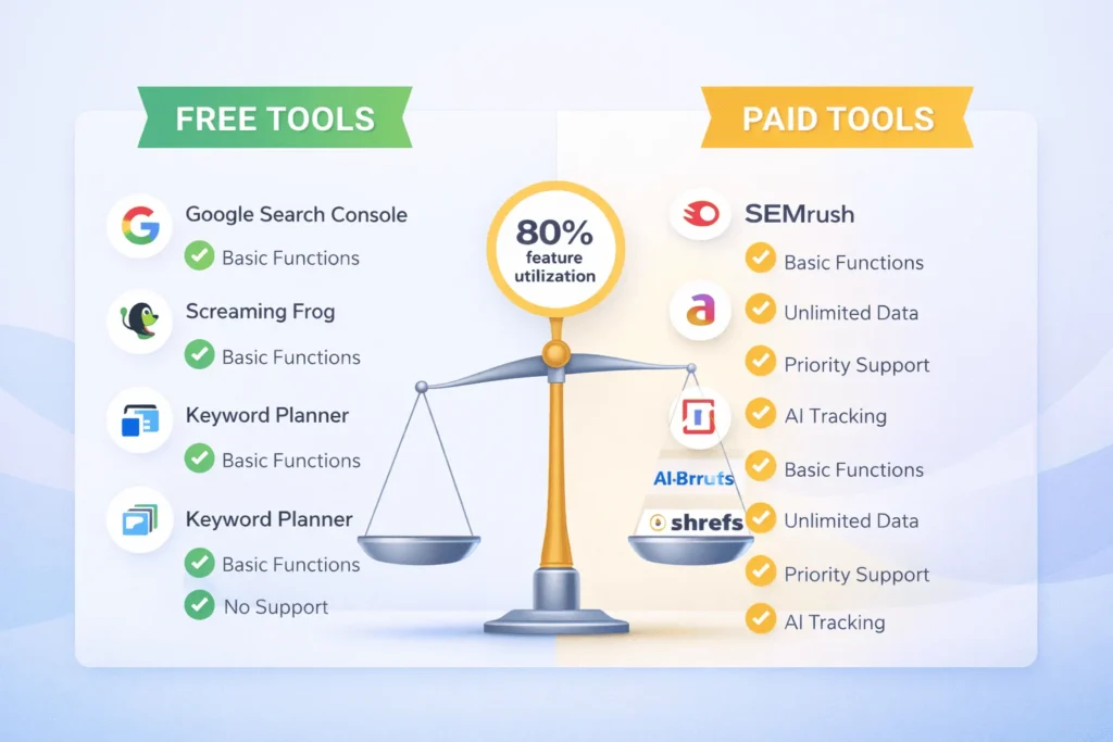 Free vs paid SEO tools comparison showing feature limitations and pricing trade-offs