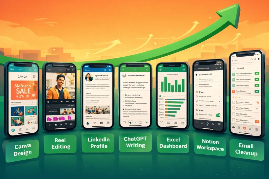 Smartphone screens showing Canva, video editing, LinkedIn, ChatGPT, Excel, Notion, email freelance skills