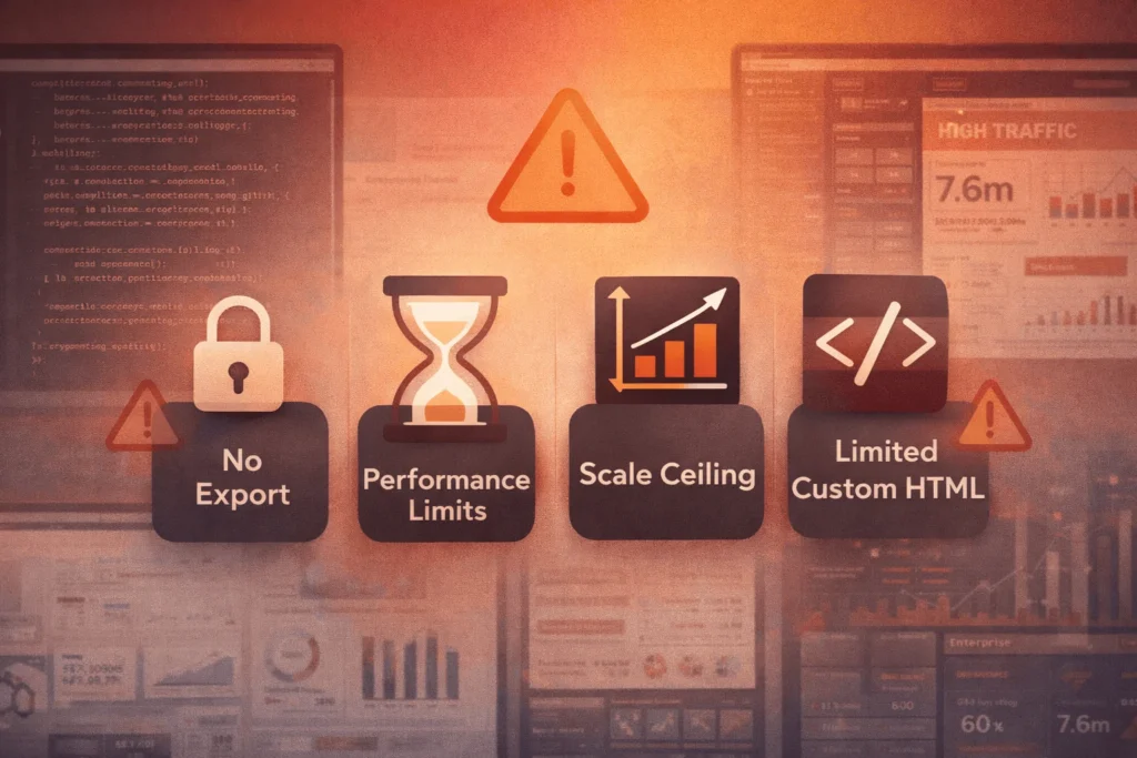 Visual icons representing Wix limitations: no code export, performance ceiling, scaling boundaries, HTML constraints