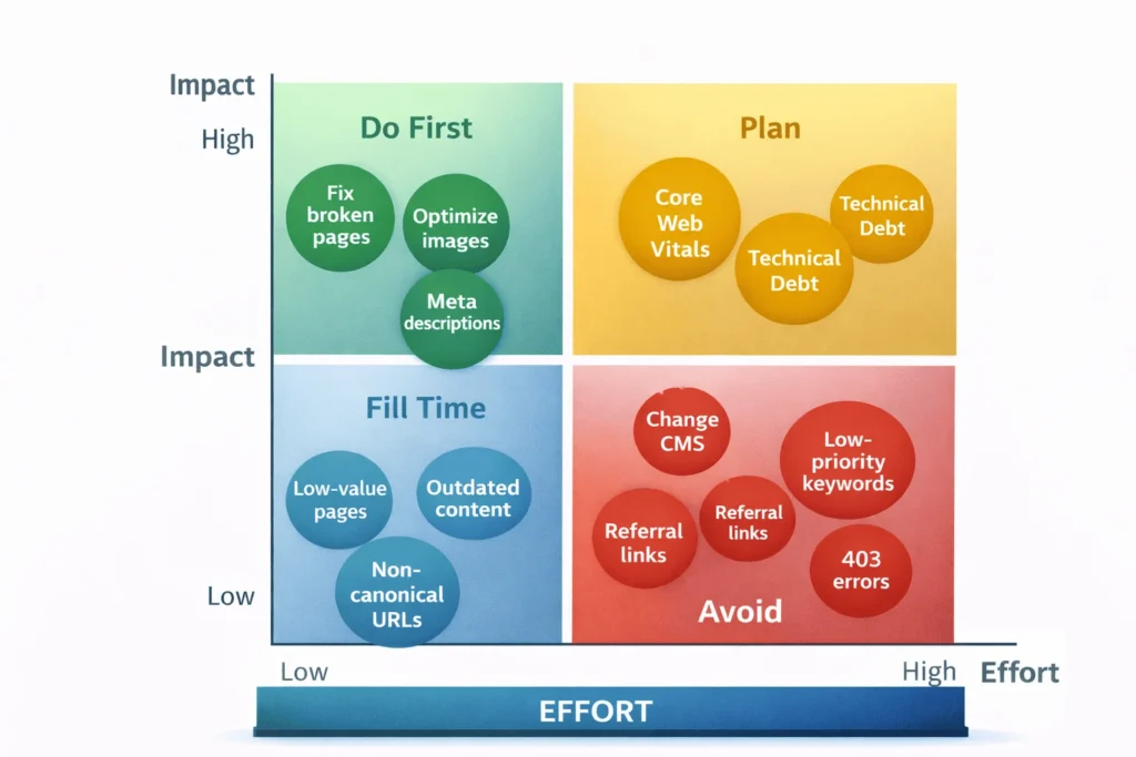 Prioritization matrix plotting SEO issues by impact vs effort with quadrant recommendations