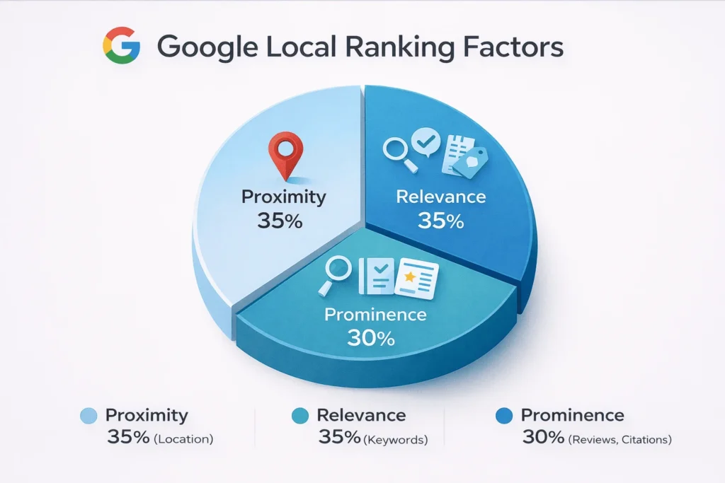 Pie chart showing proximity 35%, relevance 35%, prominence 30% local ranking factors