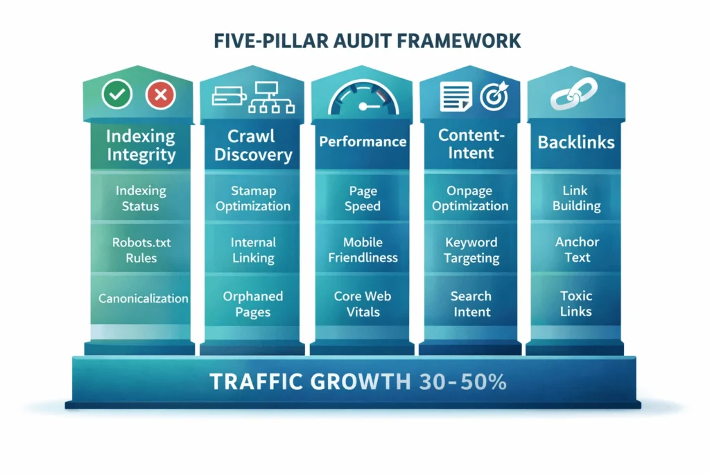 Five-pillar SEO audit framework: indexing, discovery, performance, content-intent, backlinks