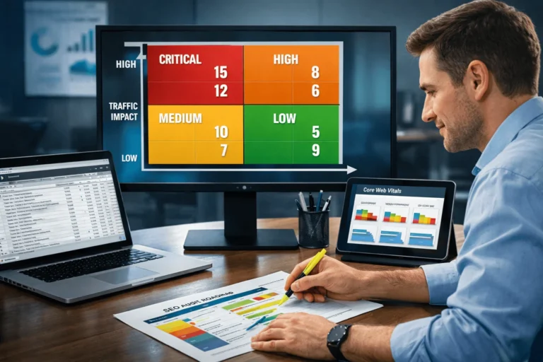 SEO consultant reviewing prioritized audit findings on dashboard with traffic impact scores and implementation roadmap