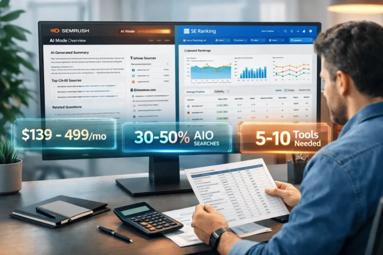 SEO professional comparing SEMrush AI Overview tracking and SE Ranking dashboards with pricing analysis