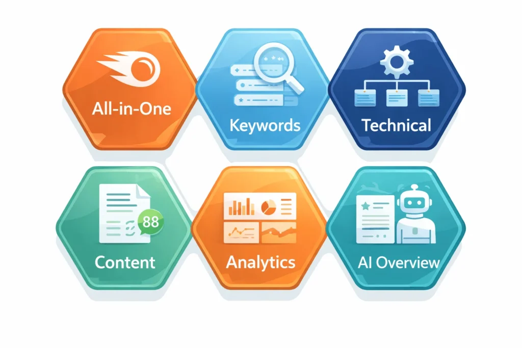 Six SEO tool categories: all-in-one platforms, keyword research, technical audits, content optimization, AI Overview tracking, analytics