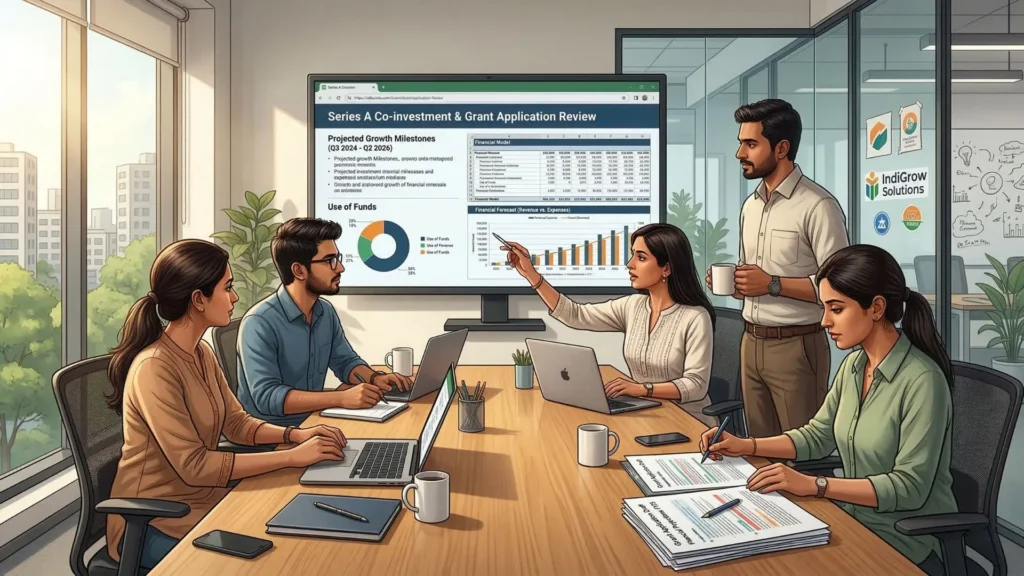 Startup team preparing a BIRAC–RDI Fund proposal.