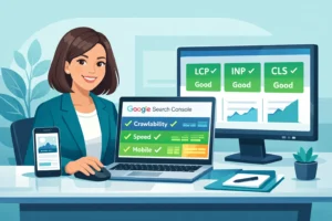 Non-technical marketer managing technical SEO using Google Search Console dashboard and speed tools