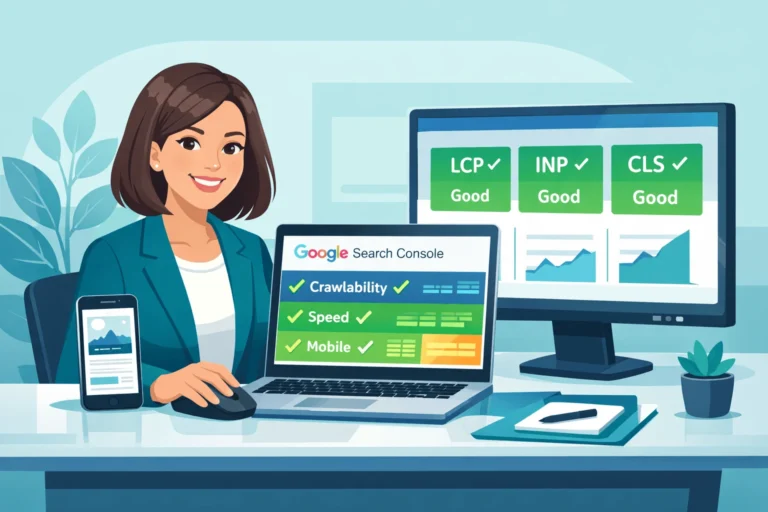 Non-technical marketer managing technical SEO using Google Search Console dashboard and speed tools