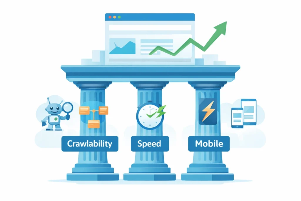 Three technical SEO pillars: crawlability, site speed, and mobile optimization supporting website