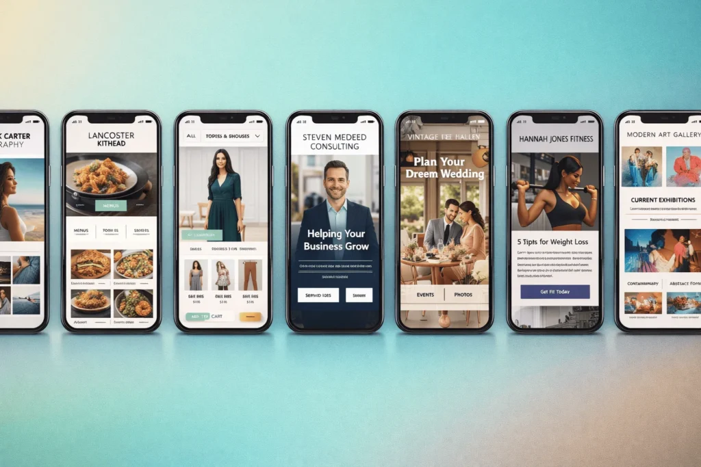 Seven mobile screens showing portfolio, restaurant, store, consulting, events, coaching, gallery websites built with Wix