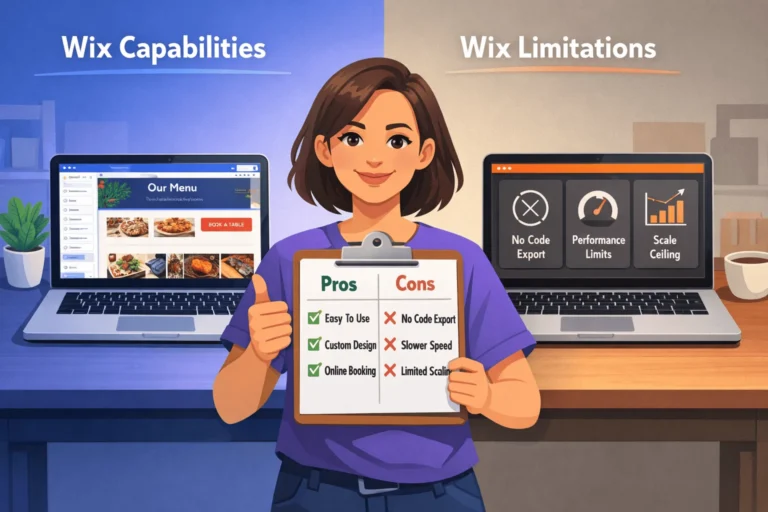 New Wix user comparing platform capabilities (website builder, apps) vs limitations (no export, scale limits)
