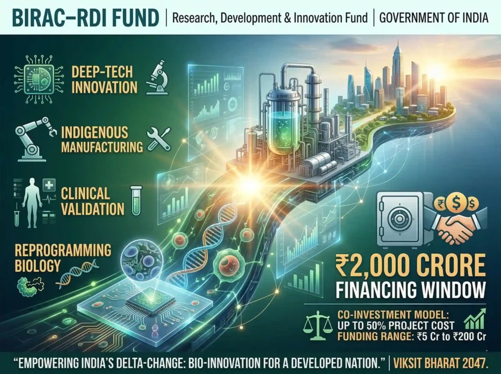 An infographic poster for the BIRAC-RDI Fund depicting a glowing technological path transitioning from microscopic DNA and microchips to an industrial bioreactor, ending at a futuristic city skyline. Text highlights a ₹2,000 Crore financing window, offering ₹5 Cr to ₹200 Cr for deep-tech innovation and indigenous manufacturing.