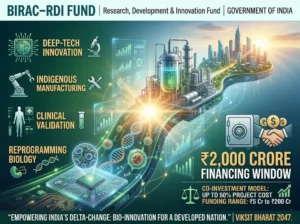 An infographic poster for the BIRAC-RDI Fund depicting a glowing technological path transitioning from microscopic DNA and microchips to an industrial bioreactor, ending at a futuristic city skyline. Text highlights a ₹2,000 Crore financing window, offering ₹5 Cr to ₹200 Cr for deep-tech innovation and indigenous manufacturing.
