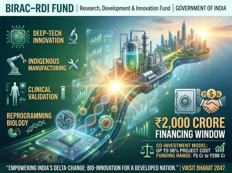 An infographic poster for the BIRAC-RDI Fund depicting a glowing technological path transitioning from microscopic DNA and microchips to an industrial bioreactor, ending at a futuristic city skyline. Text highlights a ₹2,000 Crore financing window, offering ₹5 Cr to ₹200 Cr for deep-tech innovation and indigenous manufacturing.