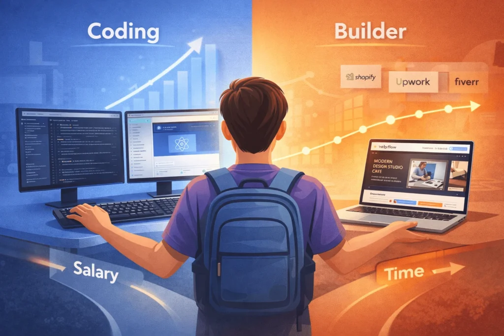 Student choosing between web development coding career (left) and website builder specialist path (right)