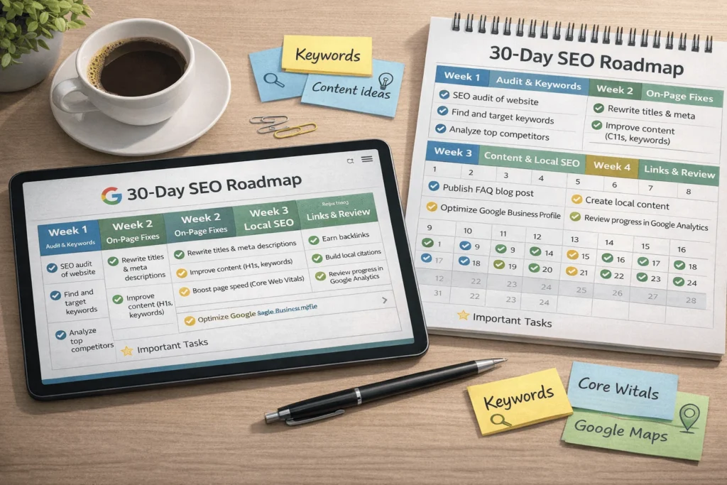 30-day SEO roadmap displayed on a tablet and calendar, outlining weekly tasks for ranking on Google without ads.