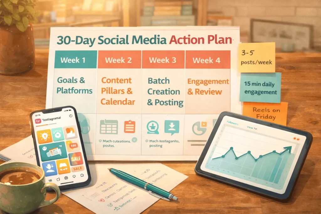 Desk view of a 30‑day Google Ads action calendar with weekly milestones and a tablet showing an active search campaign.
