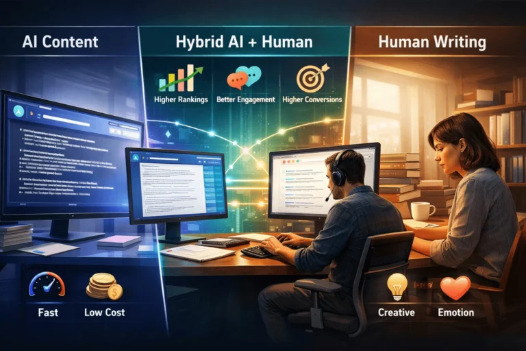 AI content, human writing, and hybrid workflow compared visually with metrics showing hybrid outperforming both.