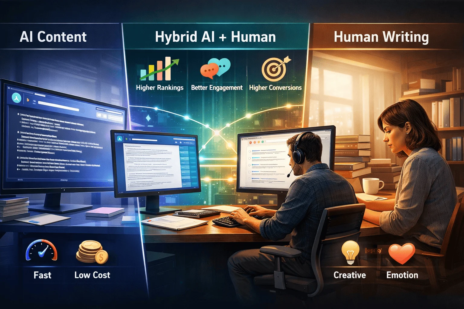 AI content, human writing, and hybrid workflow compared visually with metrics showing hybrid outperforming both.