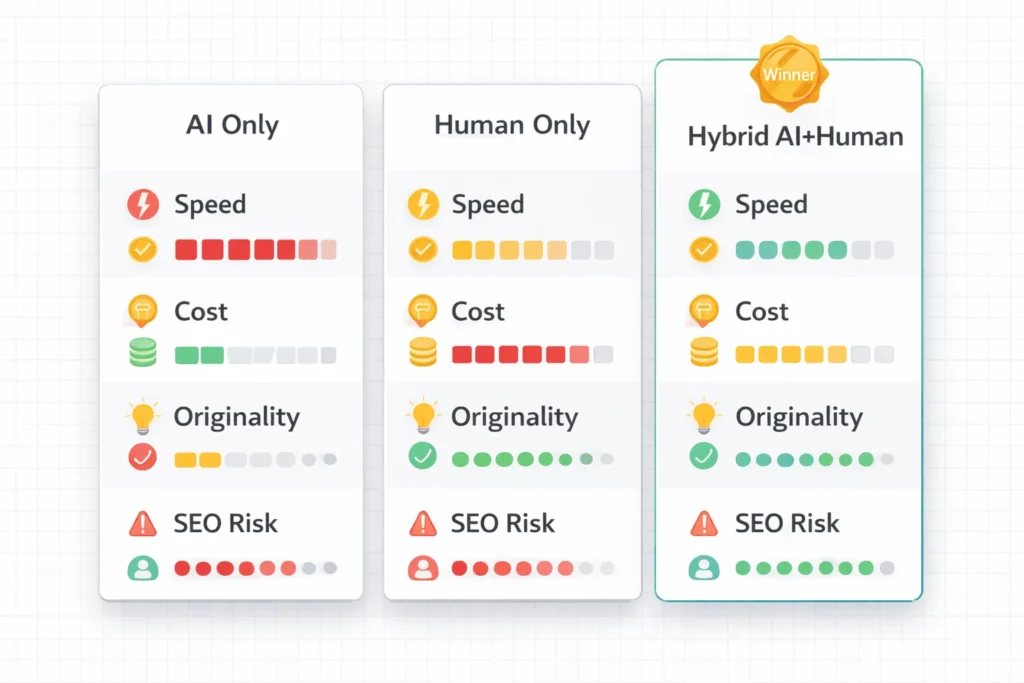 Comparison graphic showing AI-only, human-only, and hybrid content performance across speed, cost, originality, SEO risk, and conversions.
