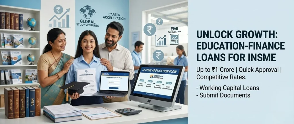 Indian student and parents viewing a bank education loan offer.