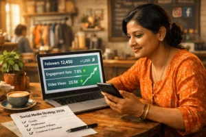 Small business owner reviewing a simple social media strategy dashboard showing growing followers and engagement.