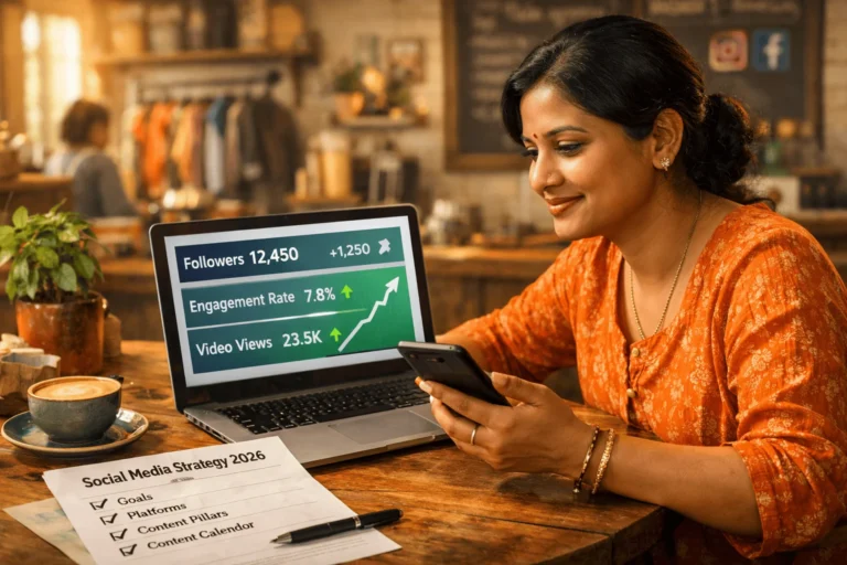 Small business owner reviewing a simple social media strategy dashboard showing growing followers and engagement.
