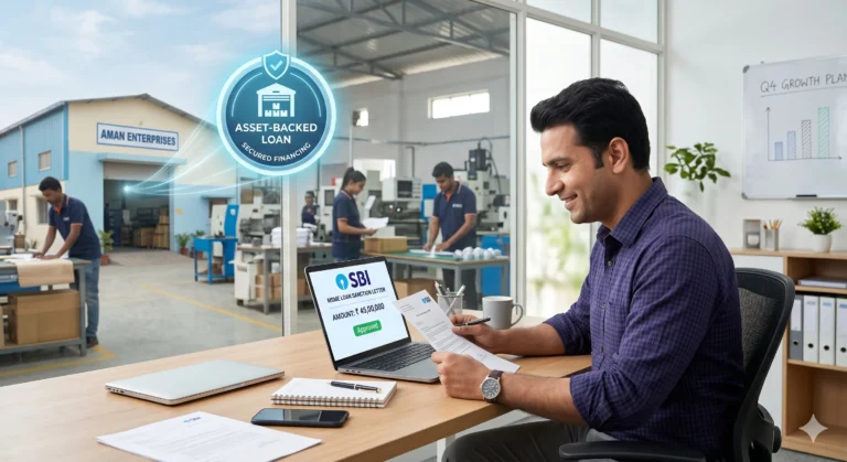 MSME entrepreneur using SBI Asset‑Backed Loan to grow manufacturing or trading business in India