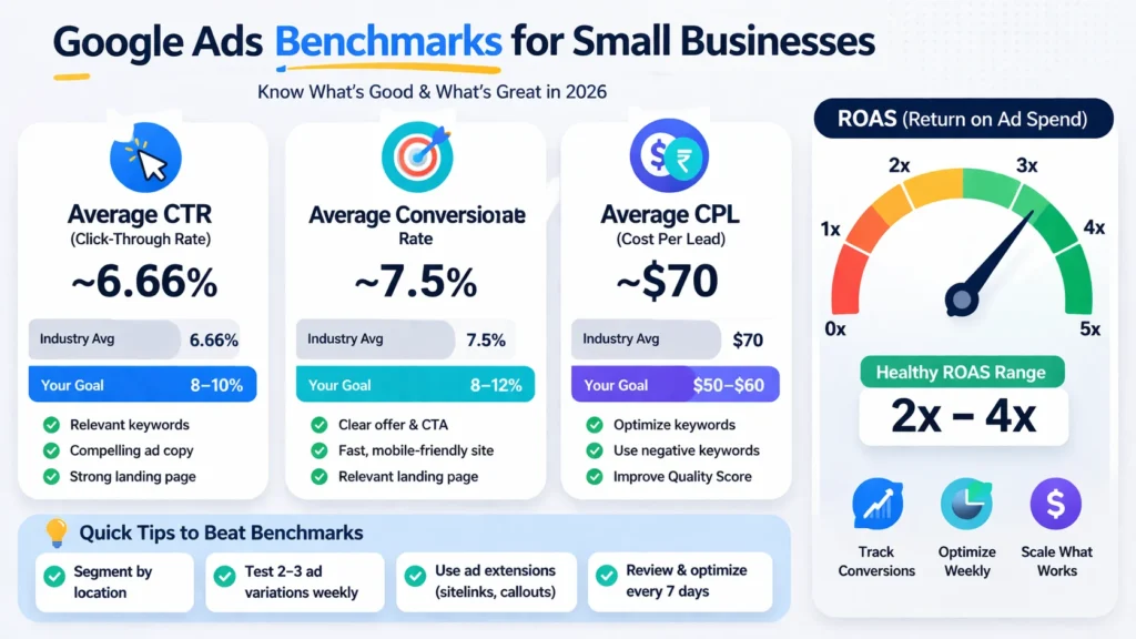 Data infographic showing average CTR, conversion rate, CPL, and target ROAS ranges for Google Ads.