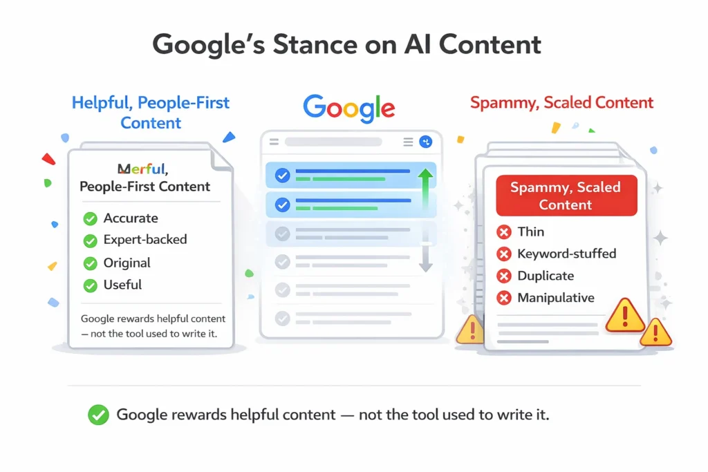  Infographic showing Google rewarding helpful AI or human content while demoting spammy, scaled content.
