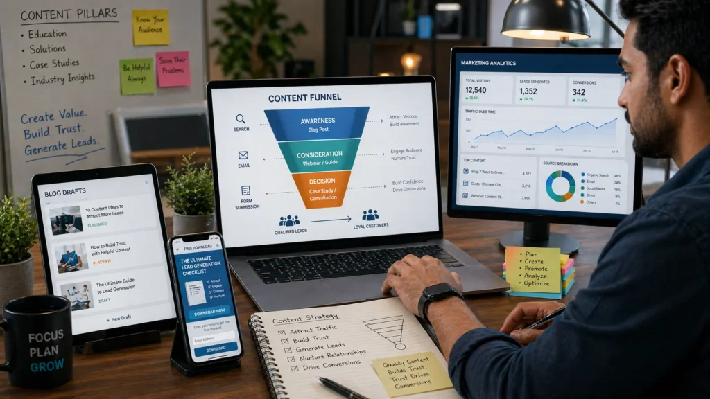 Content funnel showing awareness, consideration, and decision stages