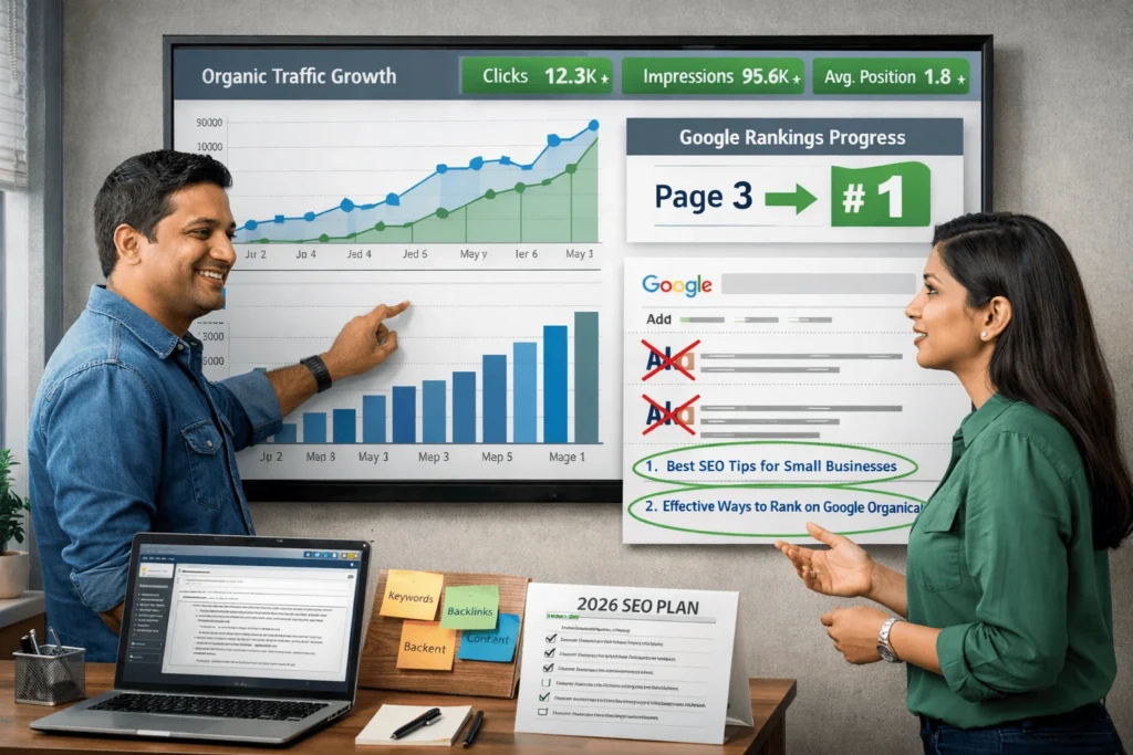 Small business owner and marketer reviewing SEO dashboard showing organic traffic growth and improved Google rankings without ads.