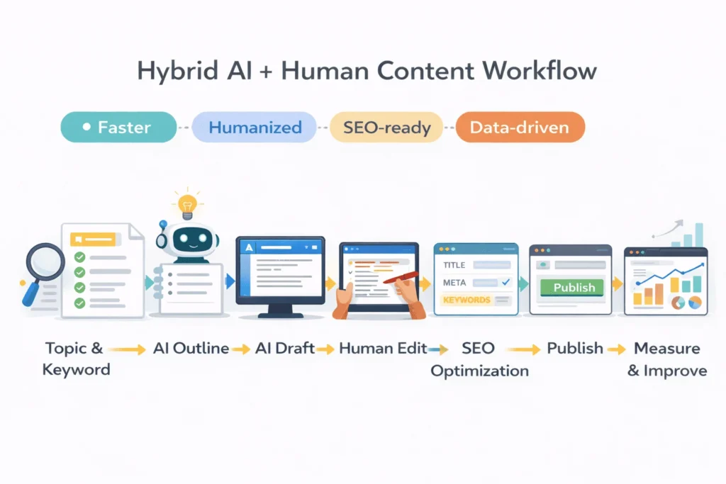 Visual pipeline showing seven-step hybrid AI + human content workflow from idea to analytics.
