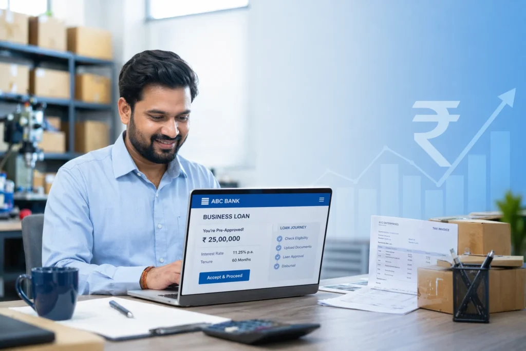Indian small business owner reviewing a business loan offer.