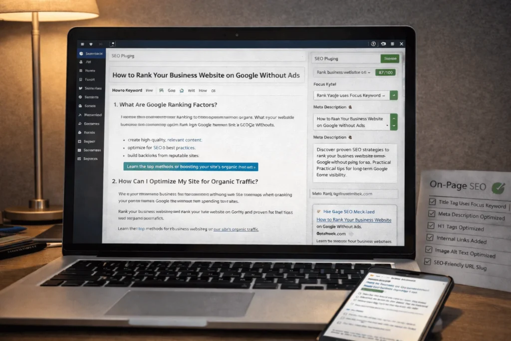 Laptop showing WordPress SEO editor with optimized title, meta description, and checklist for on-page SEO tasks.