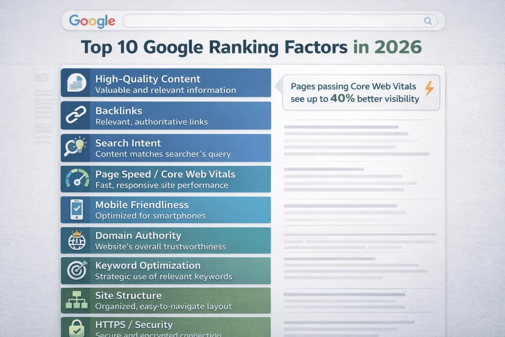 Infographic listing top 10 Google ranking factors in 2026 with icons for content, links, Core Web Vitals, and mobile friendliness.