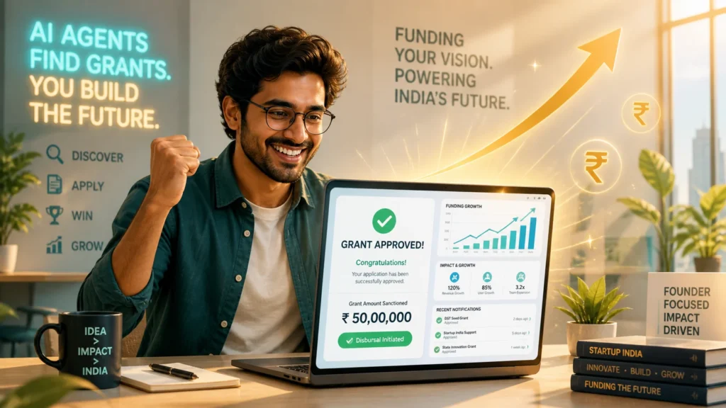 Happy Indian startup founder celebrating grant approval using AI agents