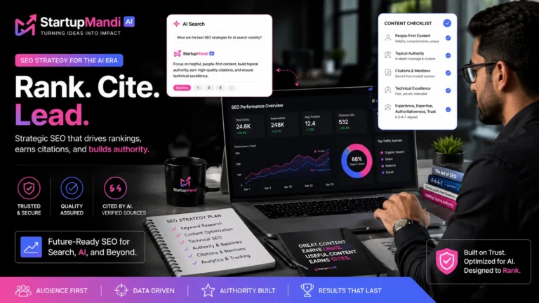 SEO strategist working with E-E-A-T trust and authority visuals.