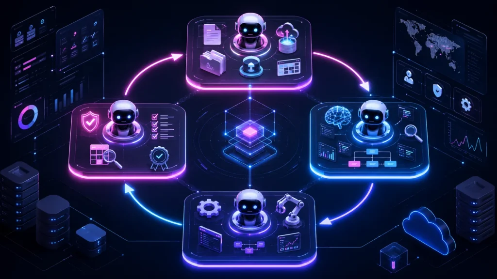 Multi-agent workflow showing intake, triage, execution, and audit.