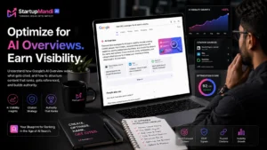 SEO strategist analyzing AI Overviews and search visibility on a laptop.