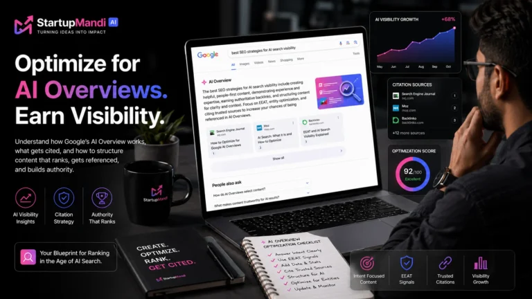 SEO strategist analyzing AI Overviews and search visibility on a laptop.