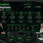 Enterprise AI automation roadmap dashboard showing a 7-step ROI strategy with business leaders reviewing cost reduction, productivity gain, and scalable automation metrics.
